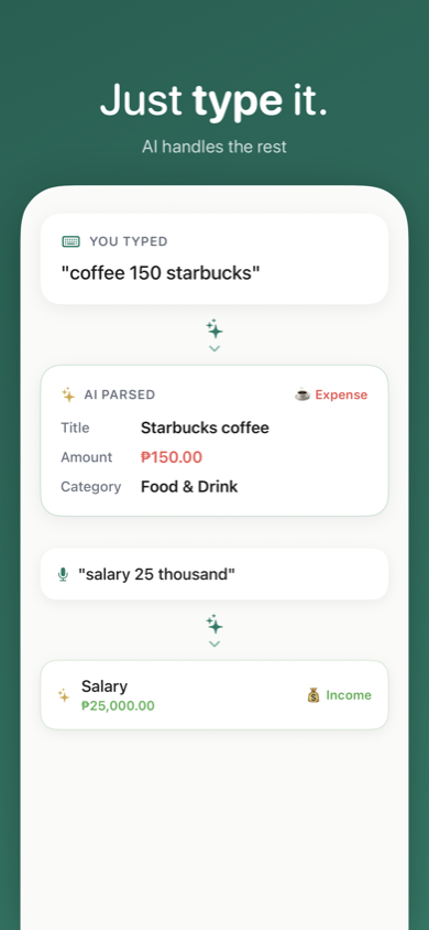 AI-powered expense input — type naturally and Tipid categorizes it
