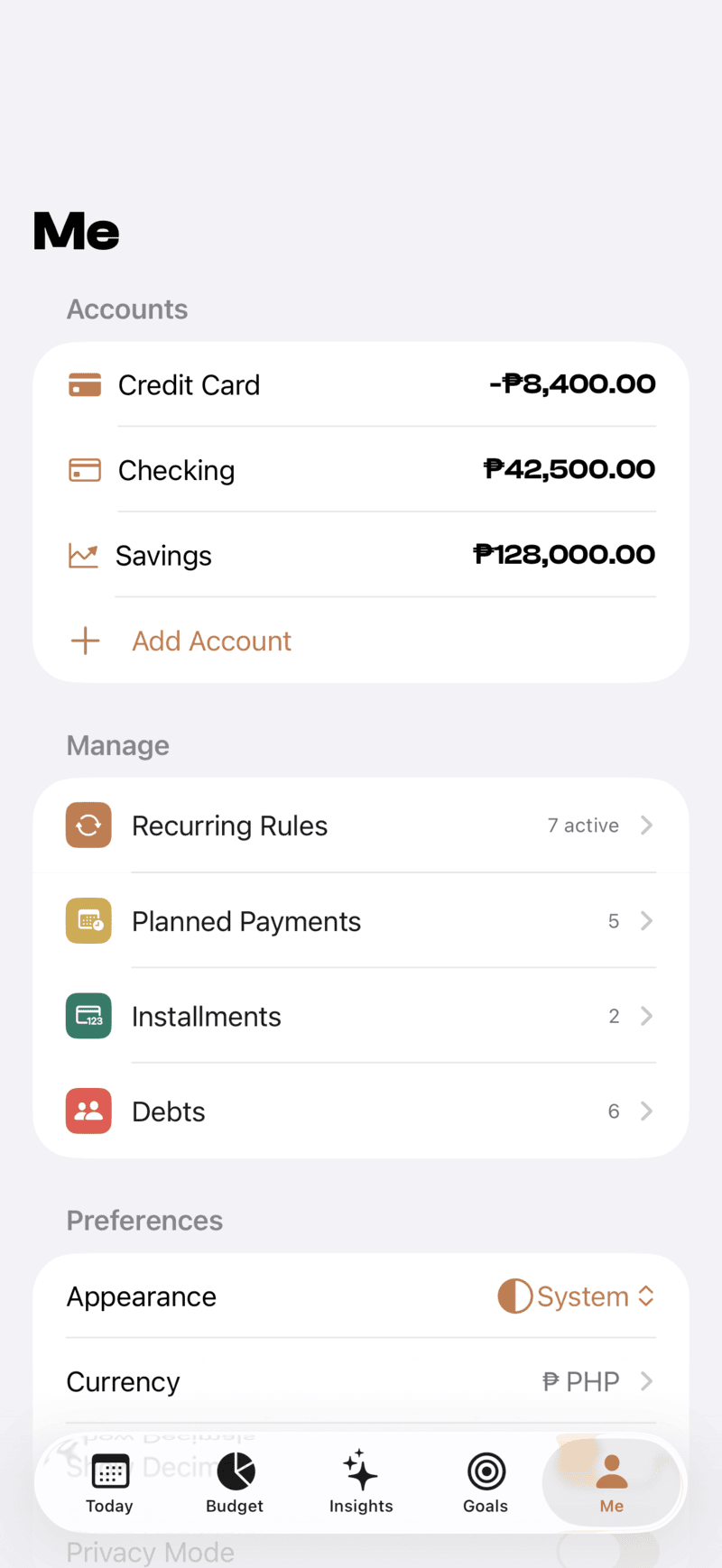 All accounts in one place — cash, debit, credit, and savings — with net worth