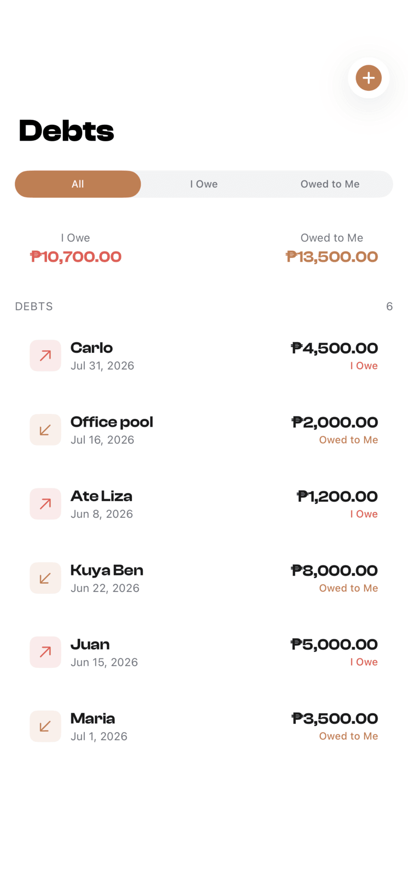 Debt and money-owed tracking with per-person balances