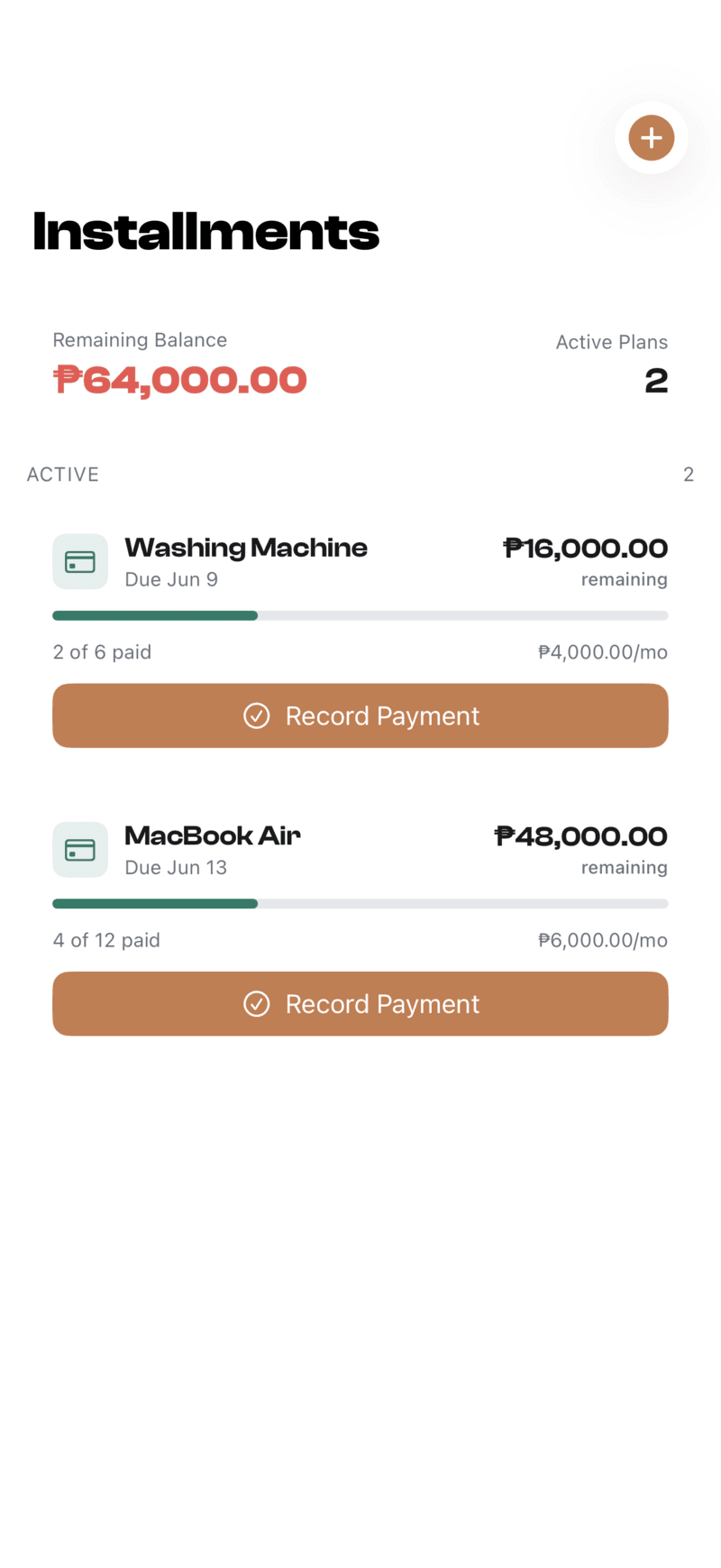 Installment plans with payment progress and remaining balance