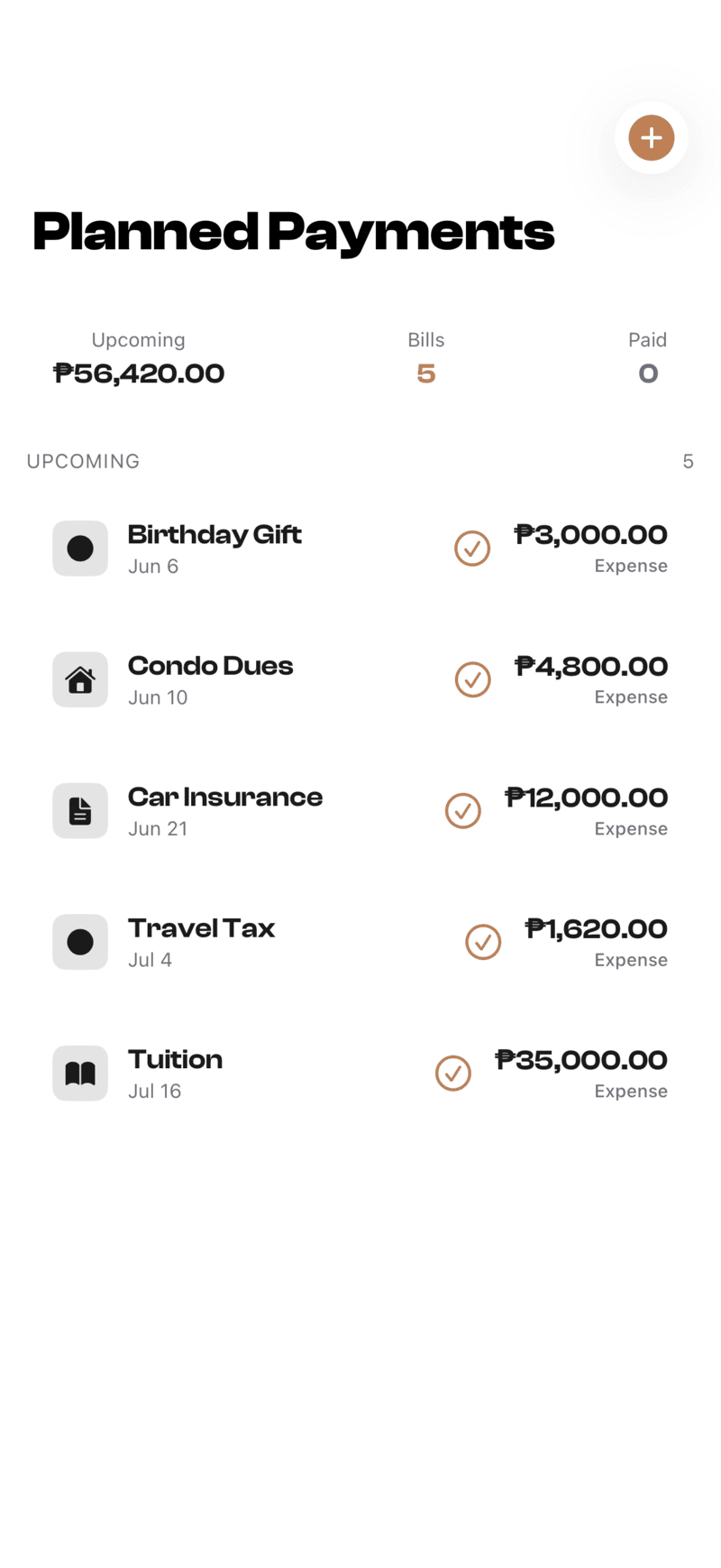 Planned payments and upcoming bills with due dates