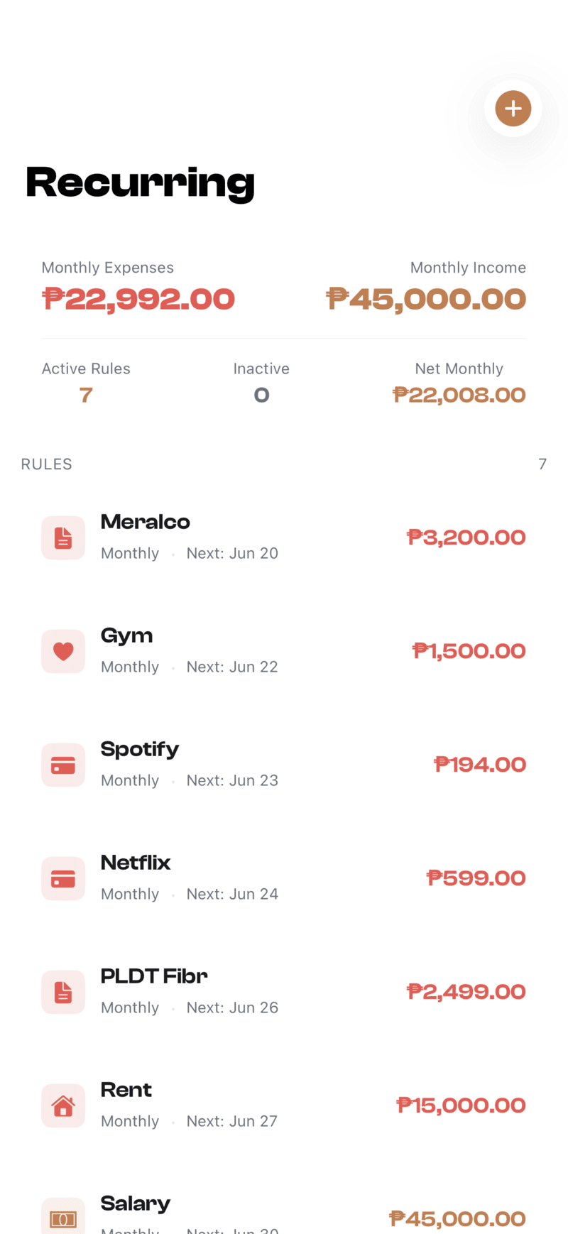 Recurring rules for repeating income and expenses